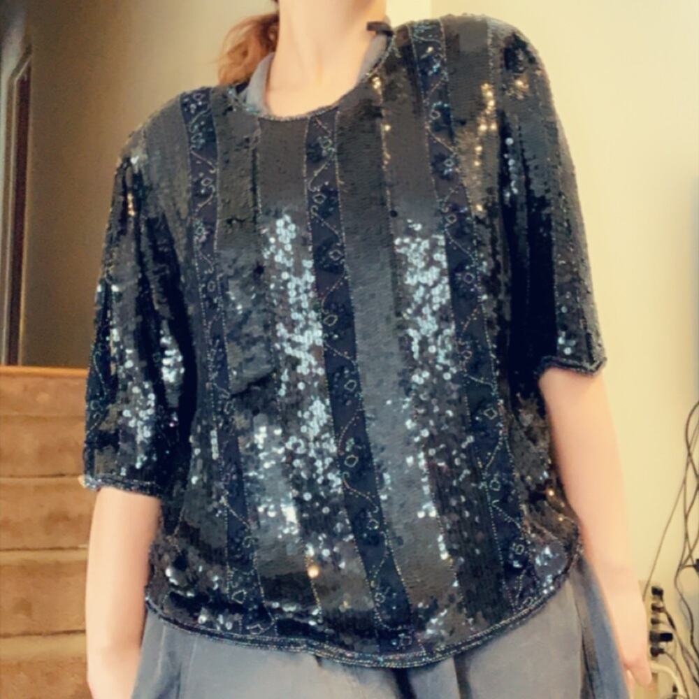 80s Black sequin stripe top shirt